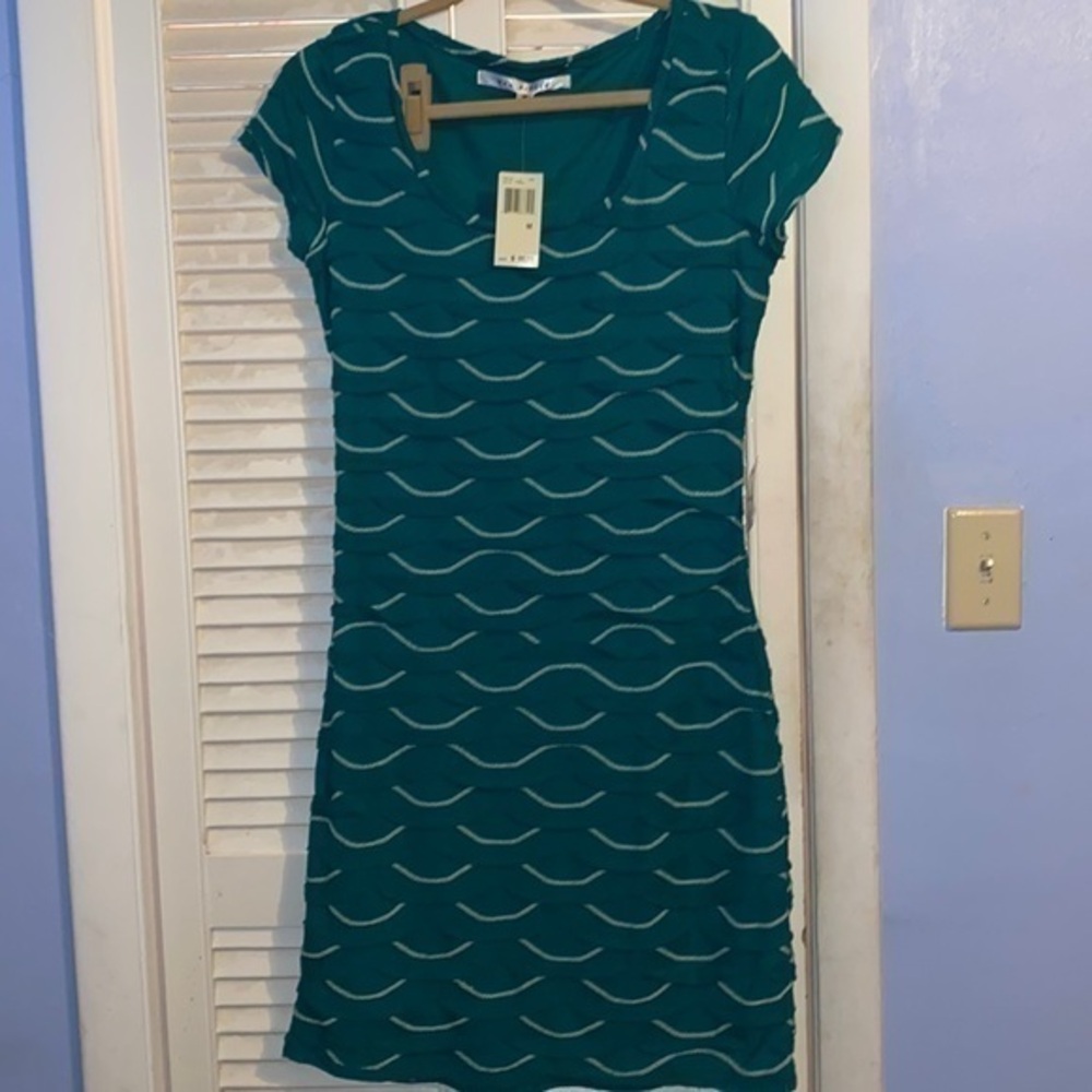Max Studio - Green & White Smocked Ruffled Dress